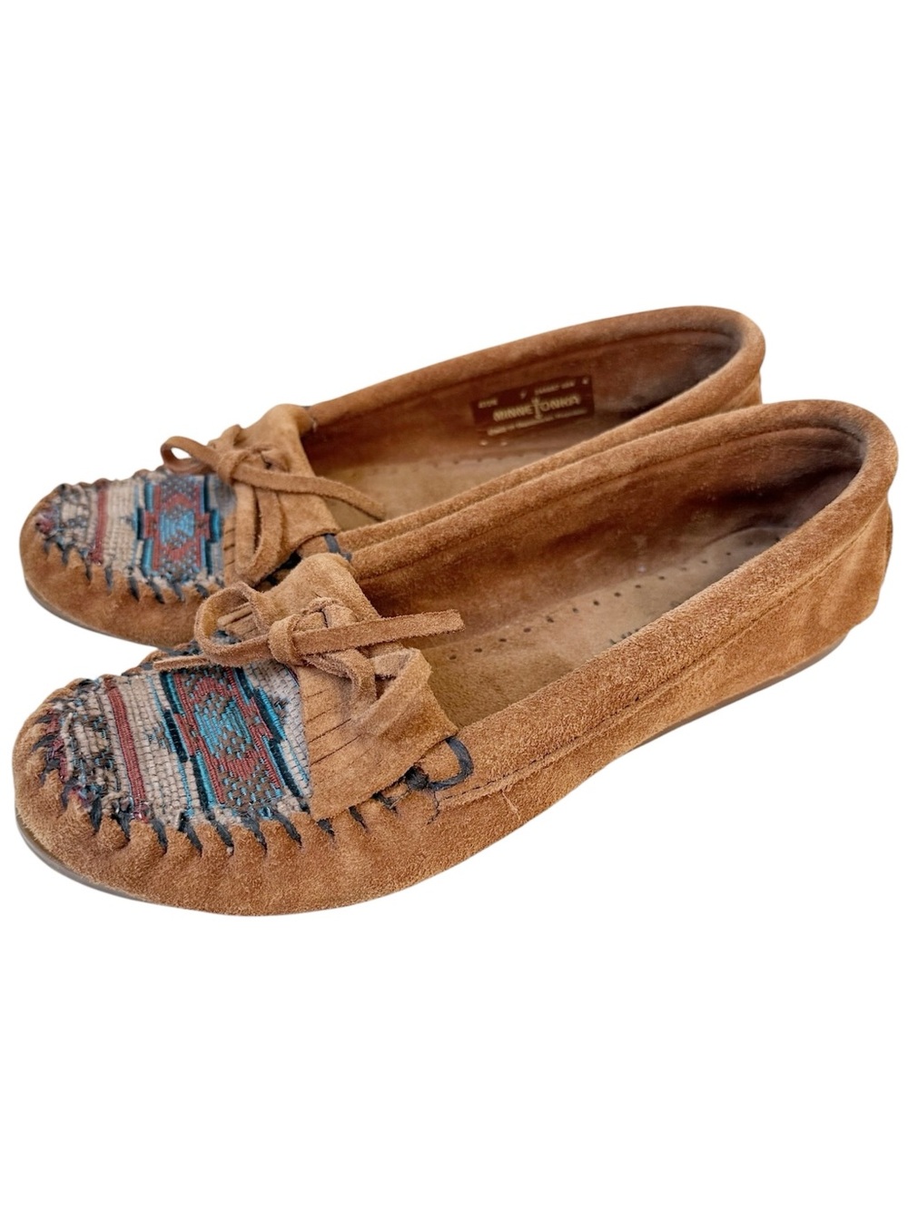 Minnetonka Women's Classic Driver Suede Moccasin Southwestern Weave Brown Size 7